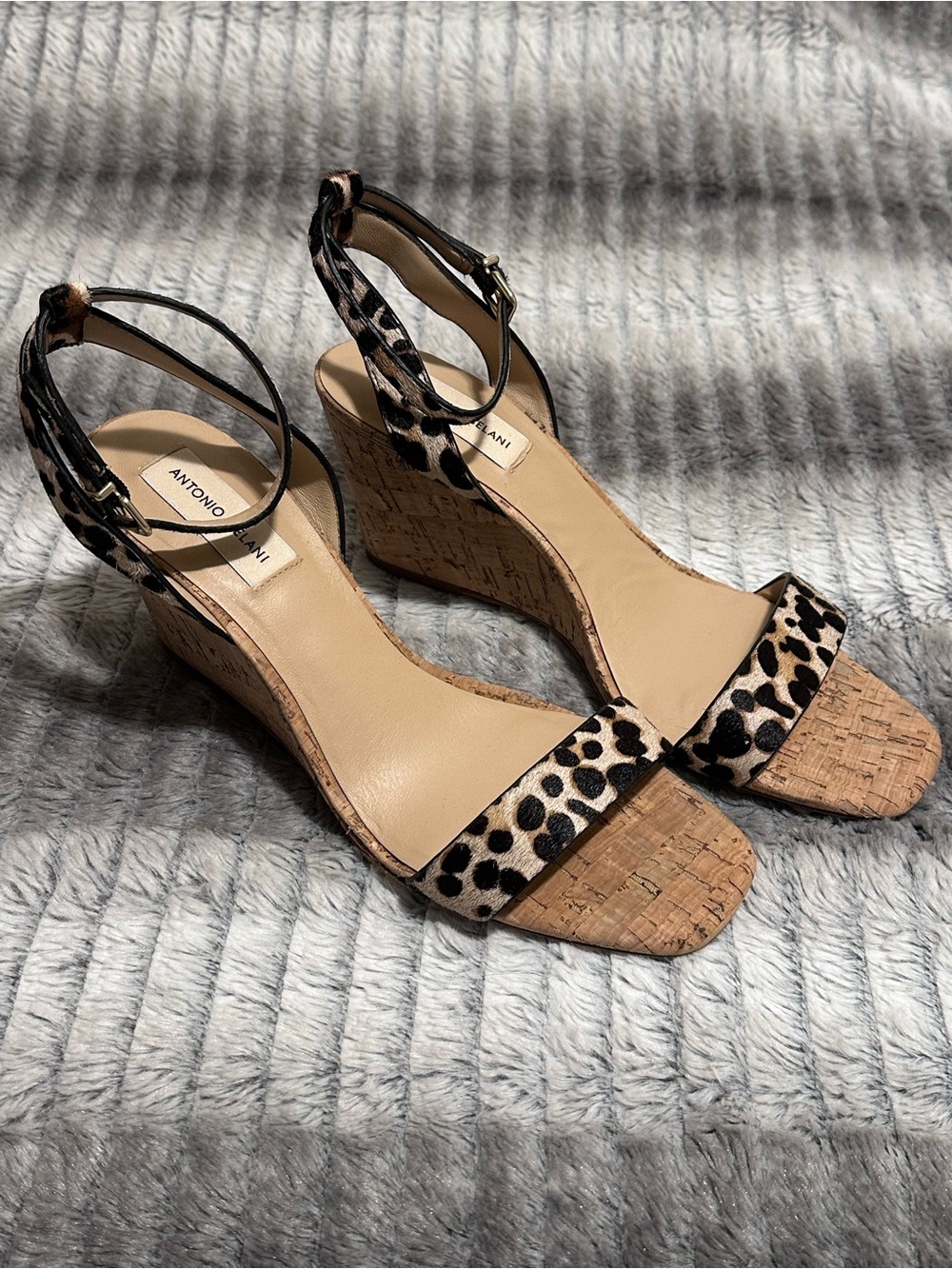 Antonio Melani Camdeynns Leopard Print Haircalf Ankle-strap Cork WedgeSize 9.5